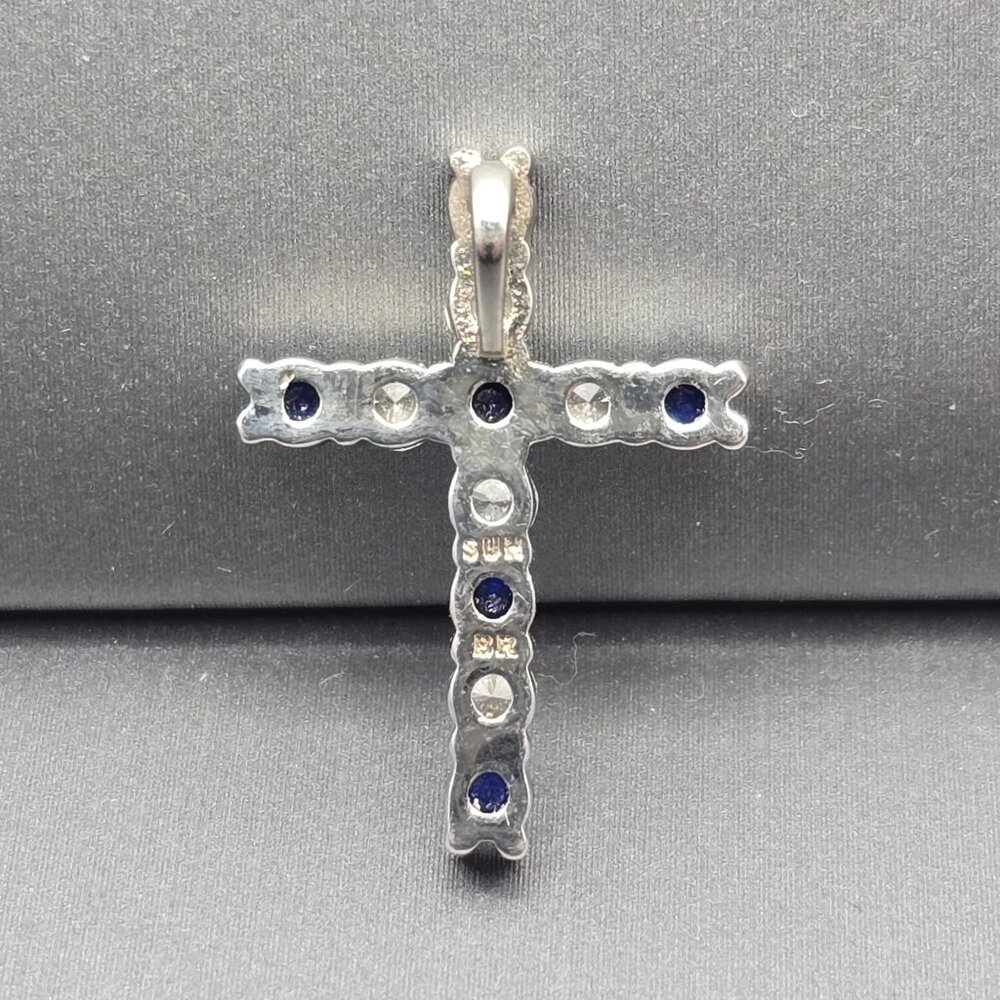 Sterling Silver Blue Crystal Cross Pendant Religious Signed Sun BR - Picture 3 of 12